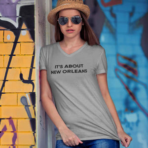  Analyzing image      Its_About_New_Orleans_Womens Grey V_Neck_Tee_Shirt with Black Lettering