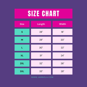 Size Chart for JAMNOLA short sleeved t shirt