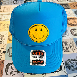 Happy Face Hat Trucker Style in blue, teal, & white