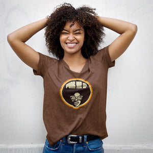 Brown_Unisex_Funk_Me_Up_Tee_Shirt with orange and yellow in the design