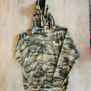 Front camo pullover hoodie with JAMNOLA logo in gold foil on left breast