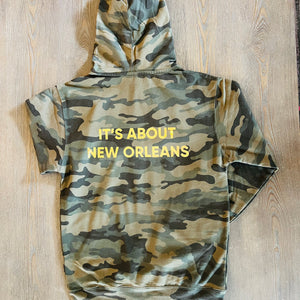 Back of Camo hoodie with it's about New Orleans in gold foil