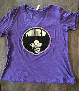 V Neck Purple T-Shirt with person with an afro that says Funk ME UP