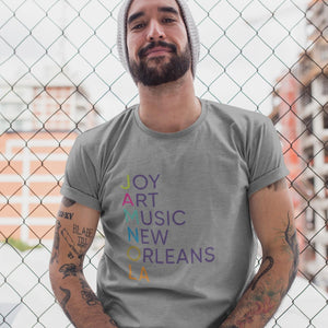 Grey JAMNOLA Signature Unisex Tee Shirt with JOY ART MUSIC NEW ORLEANS in multi color lettering