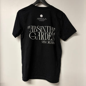 Green t-shirt with text on a white background