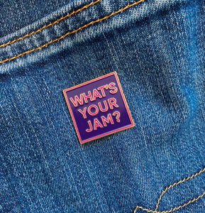 Jamnola “What’s Your Jam?” Enamel Pin  Purple Red and Gold