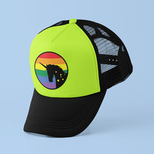 Loud Proud Neon Trucker Patch Hat Unicorn Rainbow Neon Green and Black