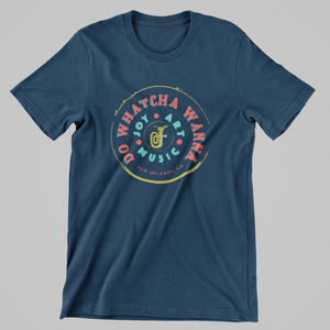 Navy Blue T-Shirt with red letters shaped in a circle around a tuba