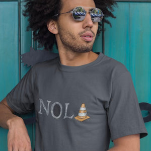 Grey Tee Shirt that says Nola with a pothole as the O and a parking cone as the A