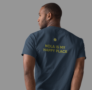 Nola Is My Happy Place Map Tee in yellow letters on the back