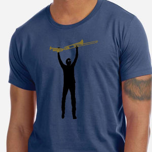 Trombone Shorty blue t-shirt with the outline of a man holding a trombone over his head.