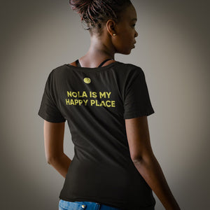 Women's Nola Is My Happy Place Smiley Map Tee in yellow lettering on back